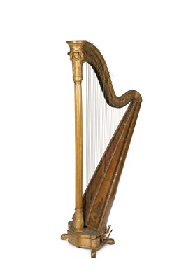 Lot 721 - A 19th century burr wood veneered and gilt gesso harp