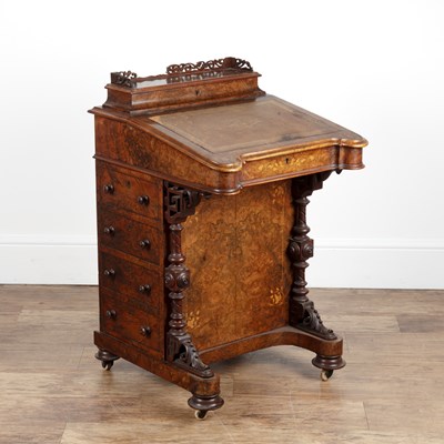 Lot 13 - Burr walnut Davenport with a brown gilt tooled...