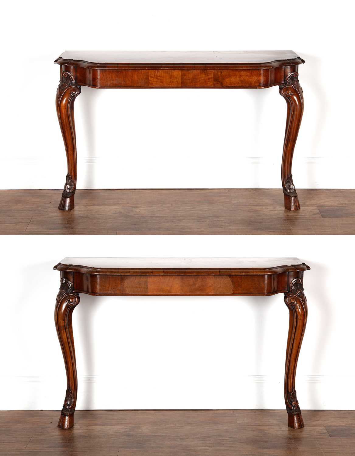 Lot 120 - Pair of walnut Irish style console tables