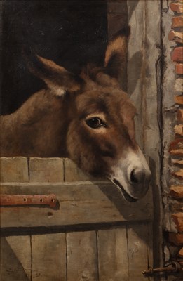 Lot 430 - Ernest Moore (1865-1940) A donkey at a stable...