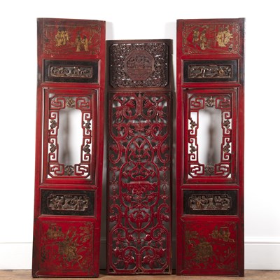 Lot 62 - Pair of Chinese style red lacquered door...