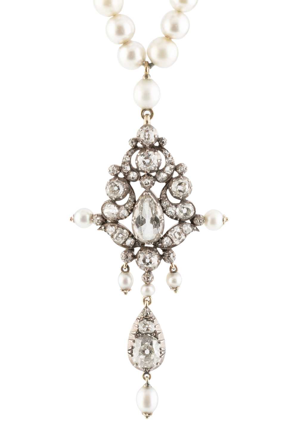 Lot 272 - A 19th century diamond and pearl pendant, the...