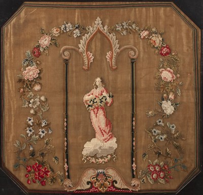 Lot 120A - Silkwork octagonal panel 18th Century, gold...