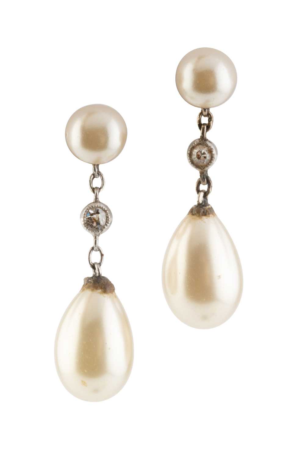 Lot 241 - A pair of simulated pearl and diamond ear...