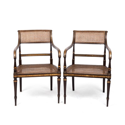 Lot 47 - A pair of Regency style painted and caned ...