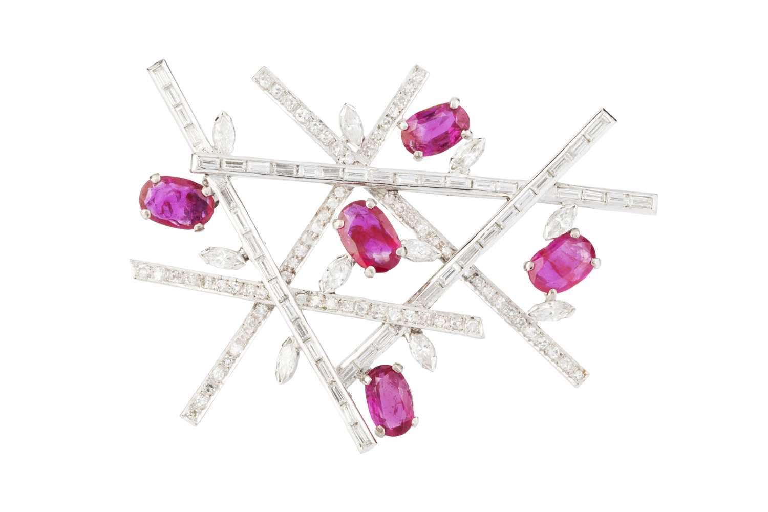 Lot 263 - A ruby and diamond panel brooch, of abstract...