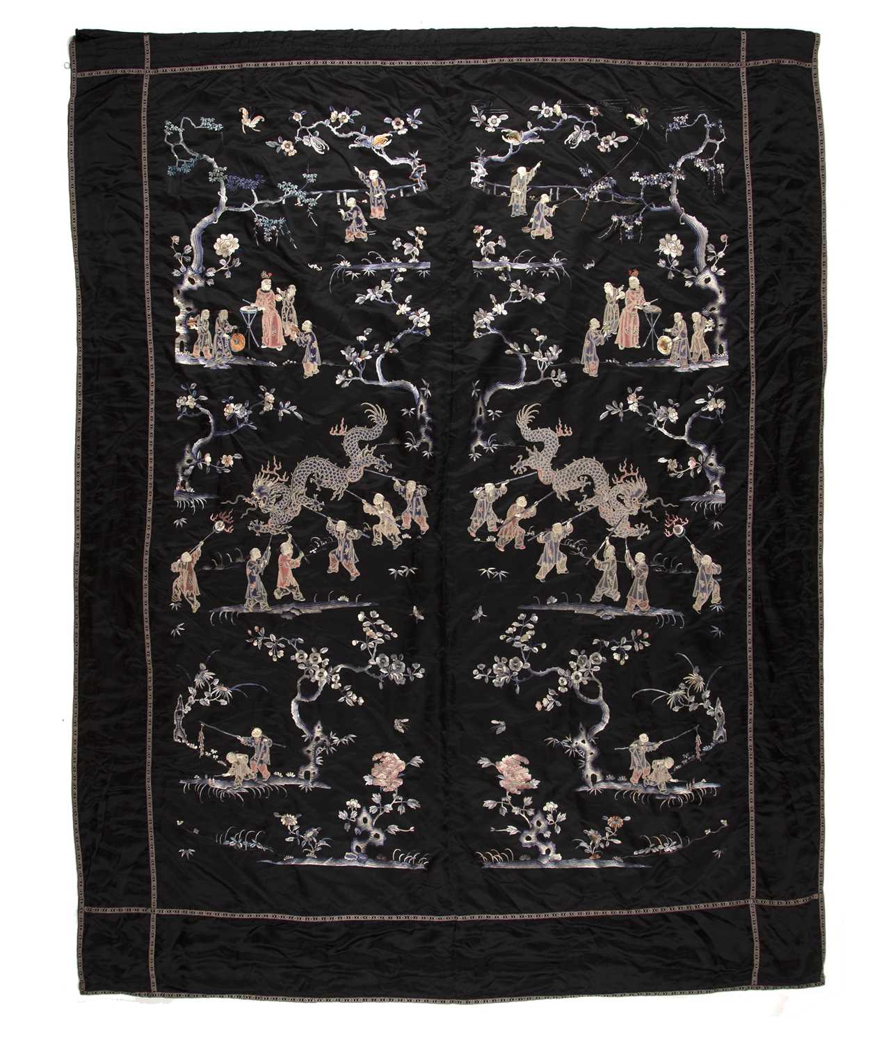 Lot 266 - Black ground silk pair of wall panels Chinese...