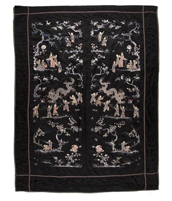 Lot 266 - Black ground silk pair of wall panels Chinese...