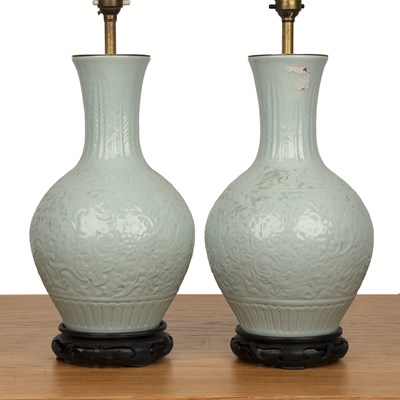 Lot 147 - Pair of celadon lamp bases Chinese with lotus...