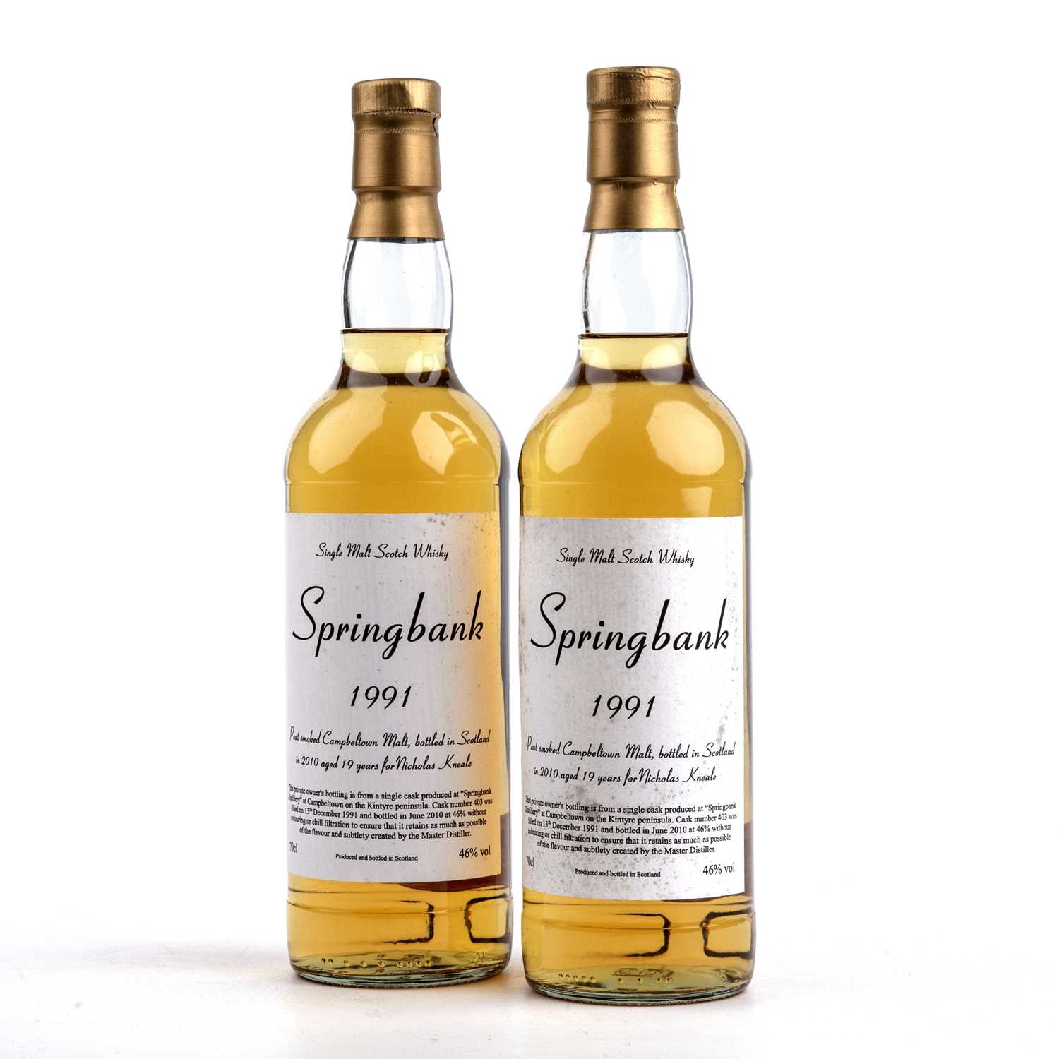 Lot 303 - Two 70cl bottles of Springbank 1991 single...