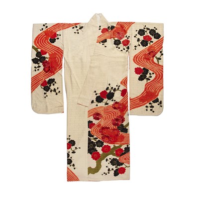 Lot 263 - Ivory-ground silk damask kimono Japanese,...