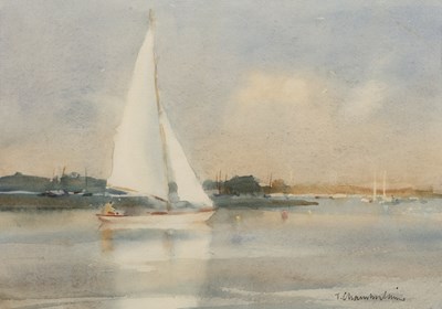 Lot 341 - Trevor Chamberlain (b. 1933) A yacht in calm...