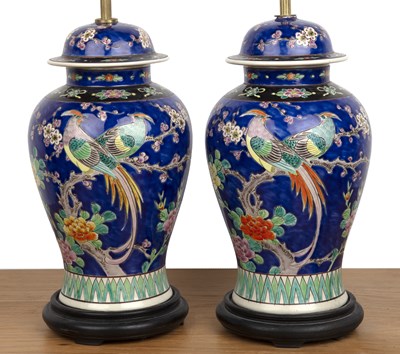 Lot 420 - Pair of blue ground porcelain table lamps...