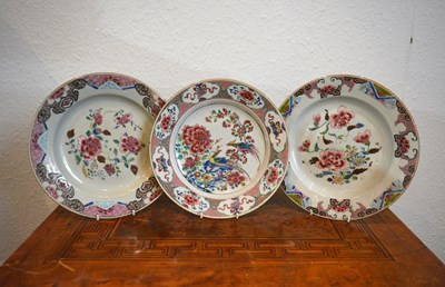 Lot 110 - Three famille rose plates Chinese, 18th...