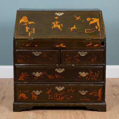 Lot 288 - An 18th century green-lacquered bureau with chinoiserie decoration.