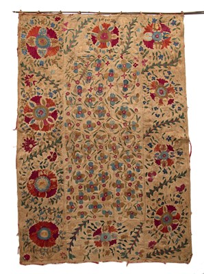 Lot 261 - Polychrome embroidered suzani Ottoman, 19th...