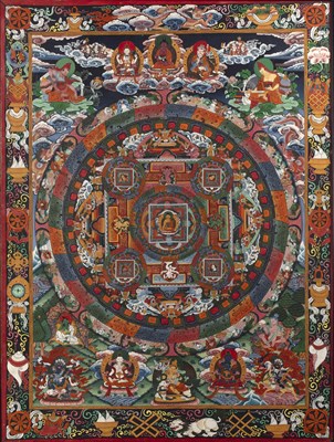 Lot 358 - Polychrome thangka Tibetan navy ground,...