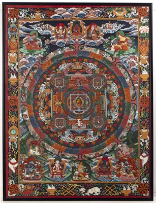 Lot 358 - Polychrome thangka Tibetan navy ground,...