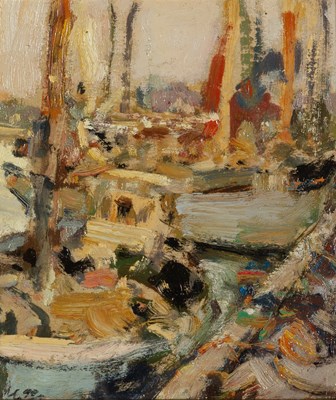 Lot 242 - Ken Moroney (b.1949) Boats at Dock signed...