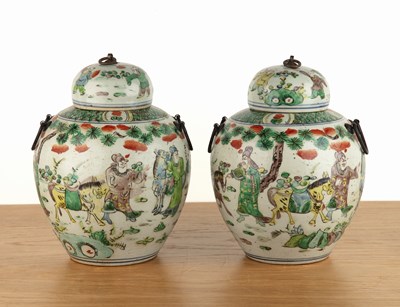 Lot 145 - Pair of famille verte jars and covers Chinese...