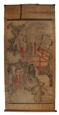 Lot 360 - Large scroll Japanese painted with groups of...