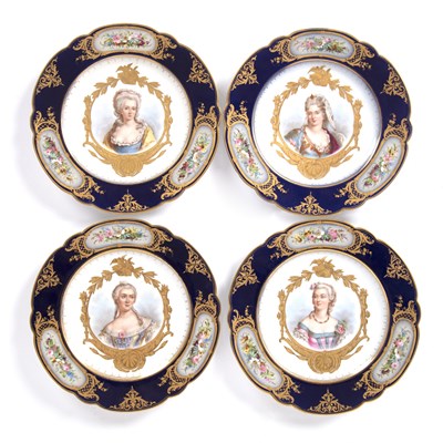 Lot 207 - A set of four Sevres style porcelain portrait...