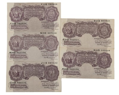 Lot 258 - Five mauve war time emergency issue 10 shilling banknotes