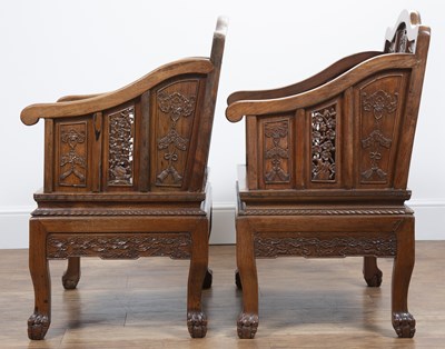 Lot 96 - Pair of Ming-style carved hardwood armchairs...