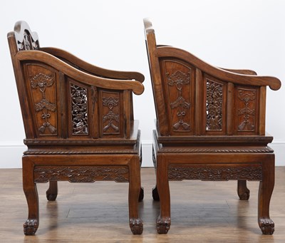 Lot 96 - Pair of Ming-style carved hardwood armchairs...