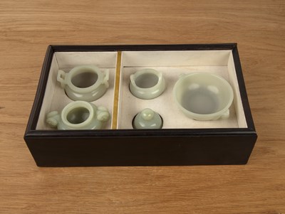 Lot 489 - Hardwood case of jade scholar's bowls Chinese...