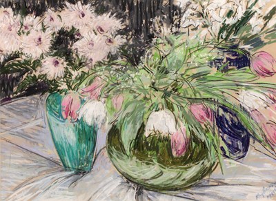 Lot 265 - Kay Gallwey (b.1936) Pink Tulips in Glass Vase,...