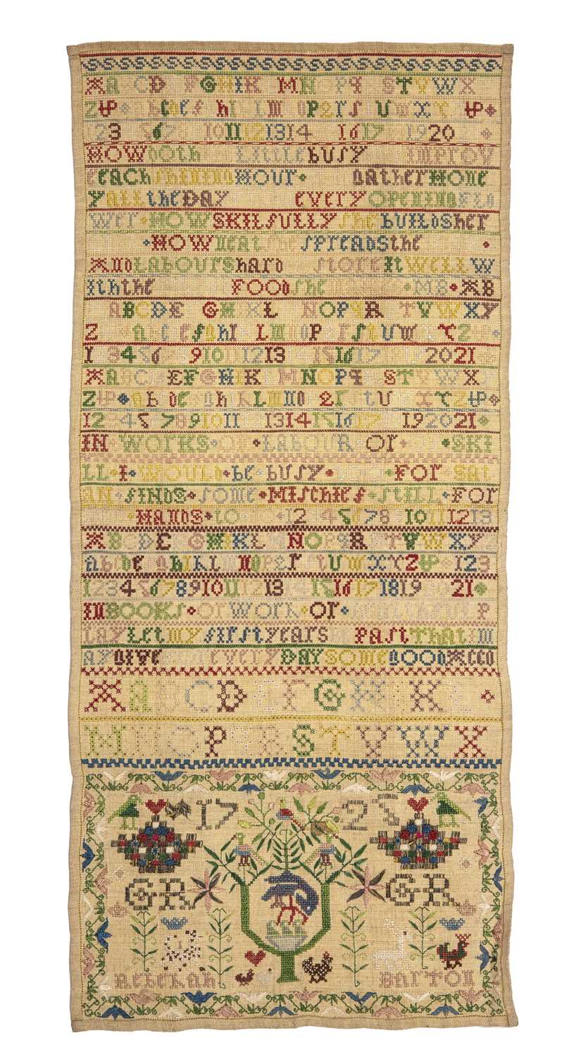 Lot 40 - A George I alphabet and verse sampler, worked...