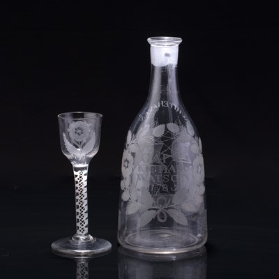 Lot Naval glass decanter and wine glass dated 1785,...