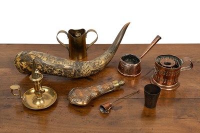 Lot 512 - A carved cow horn, a copper powder flask, and further metalware