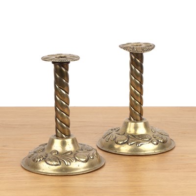 Lot 388 - Pair of brass candlesticks  Possibly Dutch,...