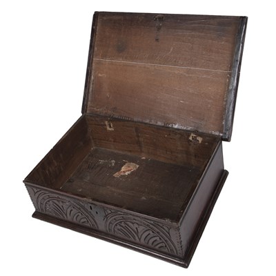 Lot 100 - A late 17th century boarded oak bible box...