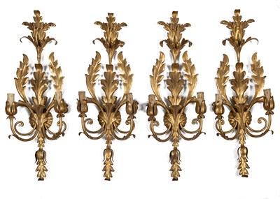 Lot 445 - A set of eight twin-branch wall lights together with a matching four-branch chandelier