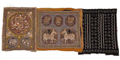 Lot 163 - Two Burmese kalagas, together with a panel of African mud cloth