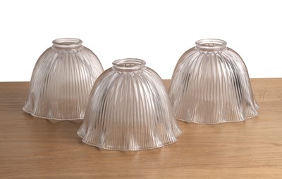 Lot 380 - Three Holophane glass lampshades with ribbed...