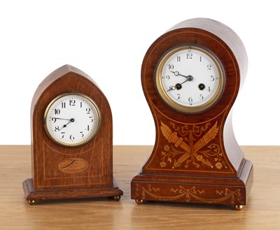 Lot 19 - Two marquetry mantel clocks one of lancet form,...