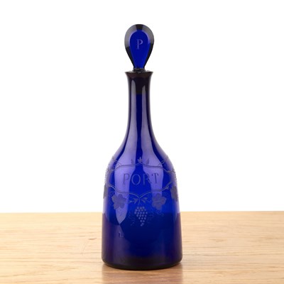 Lot 370 - Blue glass Port decanter circa 1790, wheel...