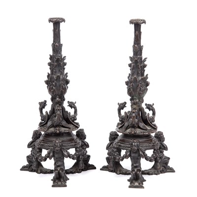 Lot 226 - Pair of Italian bronze pricket candlesticks,...