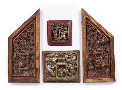 Lot 458 - Pair of 'temple' carved and arched panels...