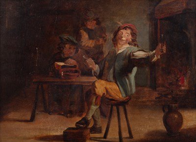 Lot 184 - Circle of David Teniers A fireside toast, oil...