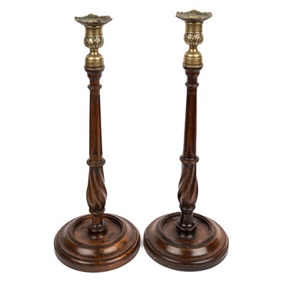 Lot 345 - A pair of George III-style mahogany candlesticks