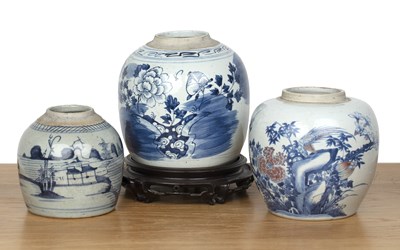 Lot 51 - Three blue and white porcelain ginger jars...