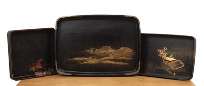 Lot 307 - Three black and gold lacquer trays Japanese,...