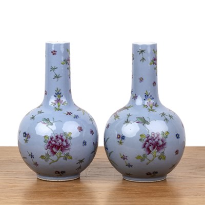 Lot 77 - Pair of lilac ground porcelain bottle vases...