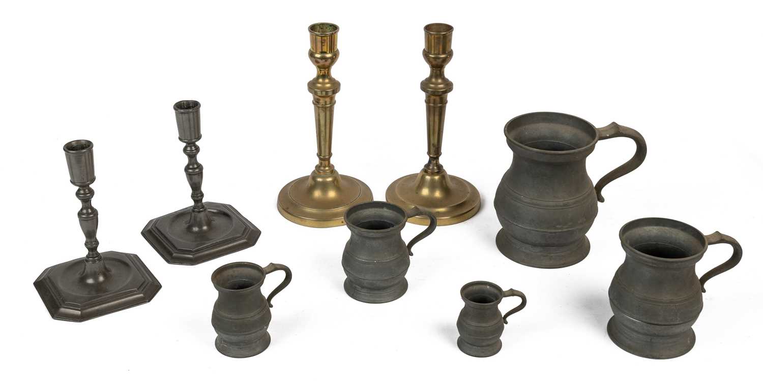 Lot 572 - A pair of antique French candlesticks and a small group of pewter