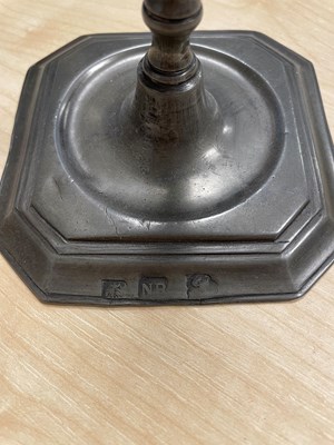 Lot 572 - A pair of antique French candlesticks and a small group of pewter